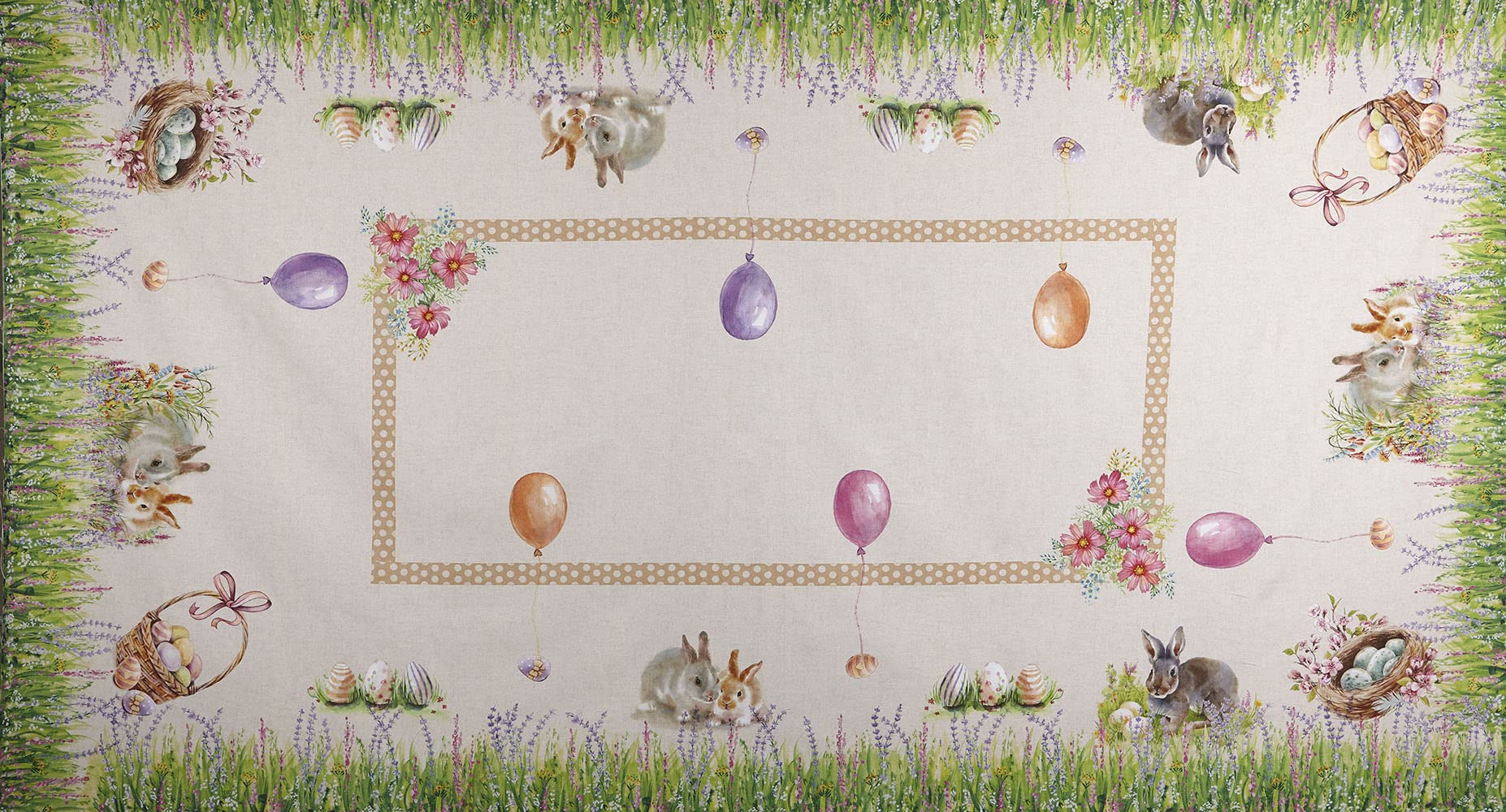 Kt KILOtela - Digital Printed Canvas Fabric, Half Panama Cotton, 250 cm Length x 140 cm Width | Easter Eggs, Rabbits - Green, Pink, Lilac