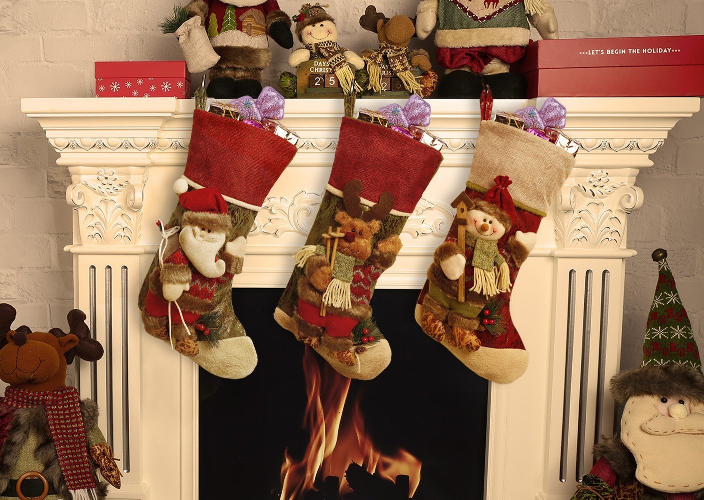 Set of 3 Classic Christmas Stockings Decorations Gift Bag Xmas
