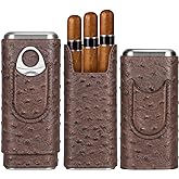 COOL KNIGHT Leather Cigar Case - Cedar Wood Lining Travel Humidors for Cigars - Cigar Accessories Include Stainless Steel Cigar Cutter - Cigar Gift Box for Cigar Lovers (Ostrich Texture)