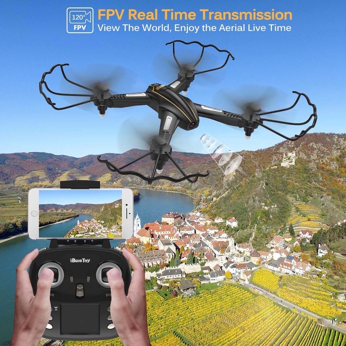 iBaseToy RC Quadcopter Drone with Camera Live Video 720P HD Altitude Hold Equipped with Headless Mode Gravity Sensor RTF Helicopter for Beginner