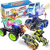 2 Pack Exploding Monster Truck Toy with Interchangeable Dinosaur & Truck Bodies, Friction-Powered Light-Up Cars with Sounds, Birthday Gift for Boys Ages 4-7, Easter Basket Stuffer, Kids Car Toys