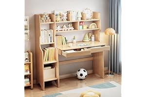 BALANBO Kids Desk Kids Table with Drawers and Bookshelf Rubber Wood Kids Media Desk Student Learning Computer Workstation and Writing Desk (Natural)