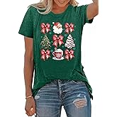 PECHAR Christmas Shirts for Women: Bow Xmas Holiday Print T-Shirts Christmas Tree Short Sleeve Tops