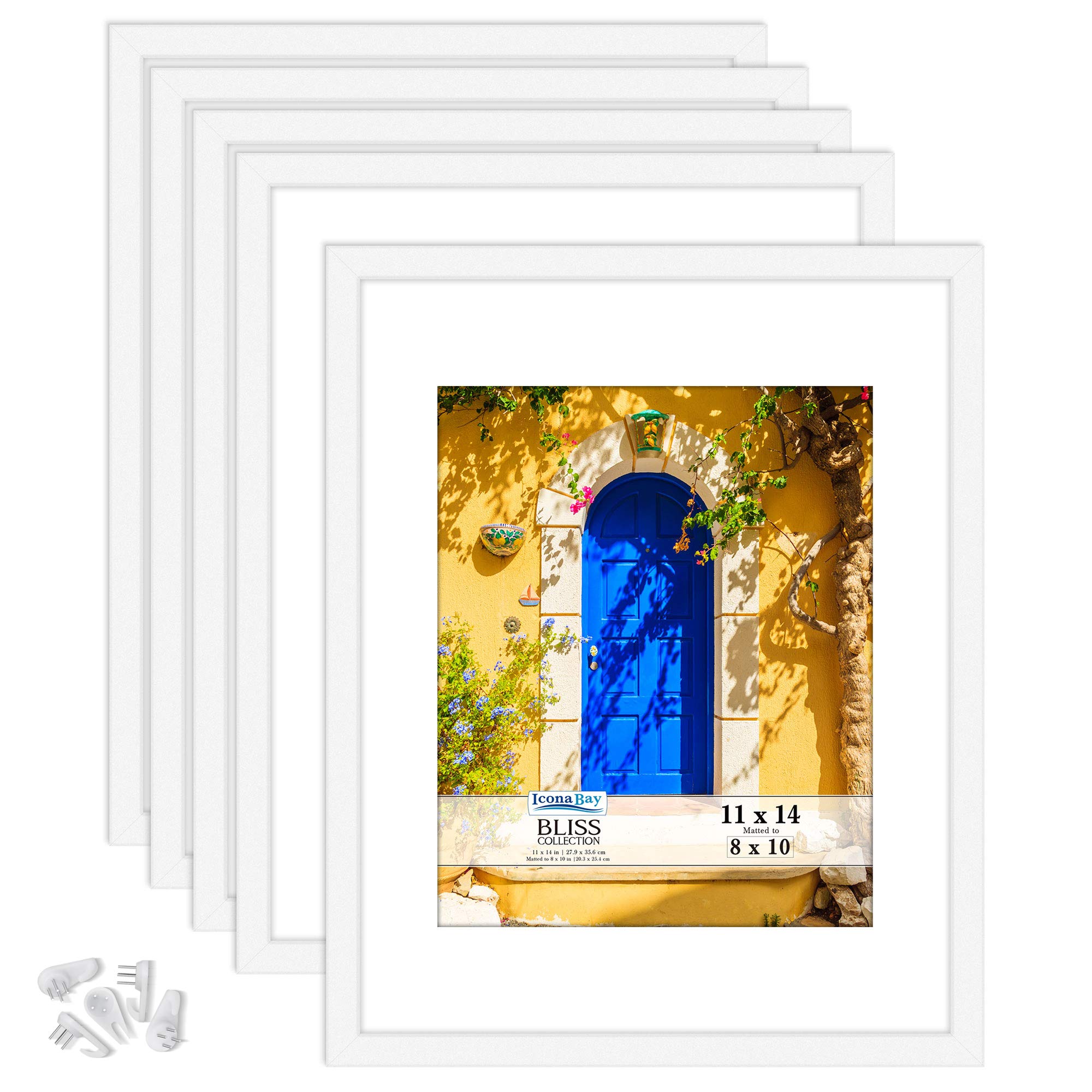 Icona Bay 11x14 Picture Frames with Removable Mat for 8x10 Photo (White, 5 Pack), Modern Style Wood Composite Frames, Wall Mount Only, Bliss Collection
