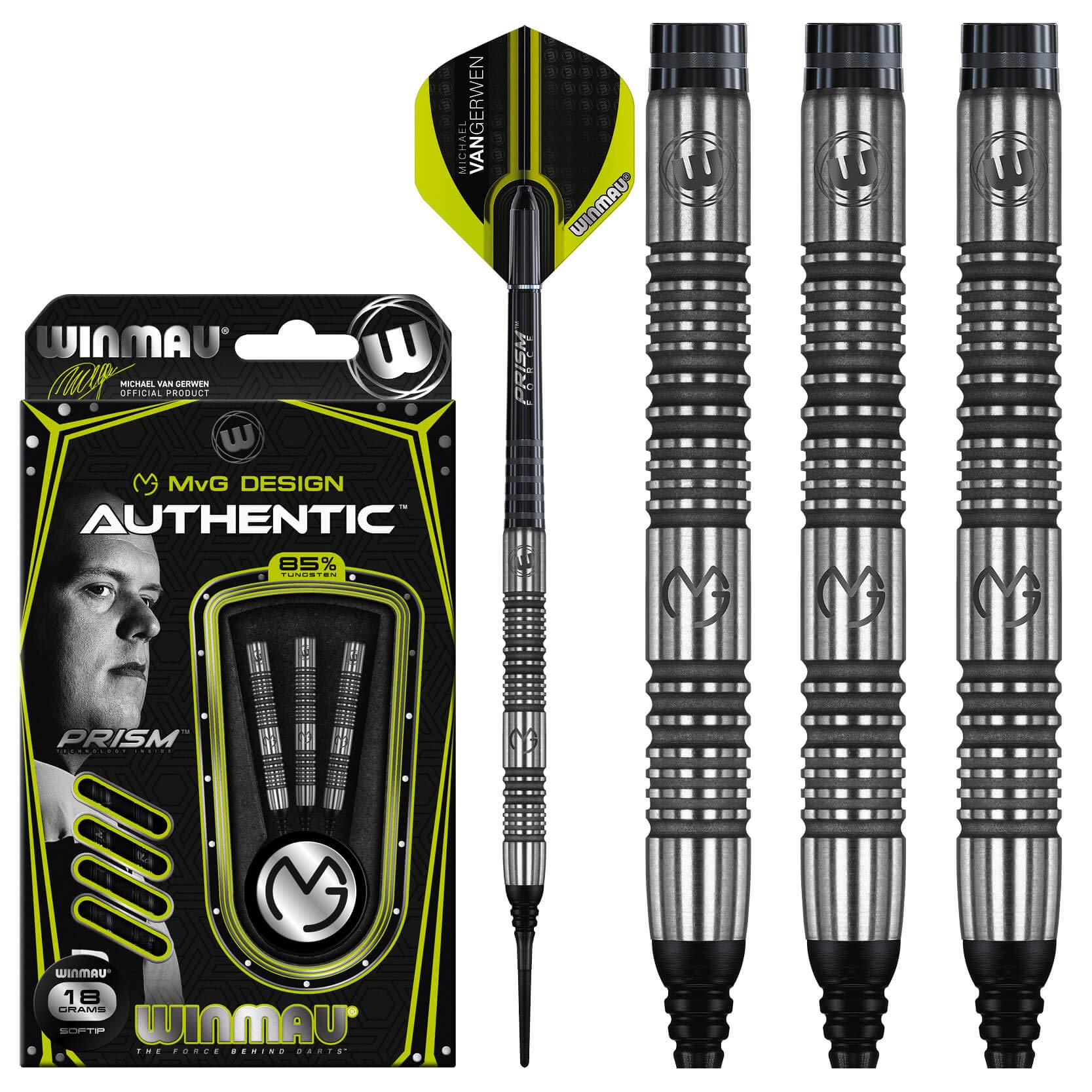 WINMAUMichael van Gerwen MvG Authentic Tungsten Softip Darts Set 20g with Prism Flights and Shafts (Stems)