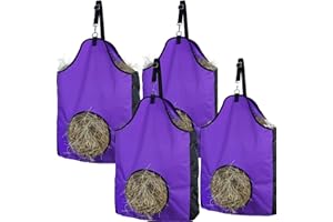 HIRQUITICKE 4 Pack Premium Durable Horse Slow Feed Hay Bag with Metal Snap Fastener and Heavy Adjustable Strap (4 Pack Purple)