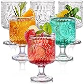 Pumtus 6 Pack Vintage Goblet Glasses, 8 OZ Embossed Floral Glass Cup, Clear Romantic Wine Glassware, Unique Pressed Pattern Stemware, Mixed Drink Glasses Set for Cocktail, Juice,Whiskey, Beer