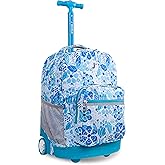 J World Sunrise Kids Rolling Backpack for Girls Boys. Roller Bookbag With Wheels For School, Blue Vine