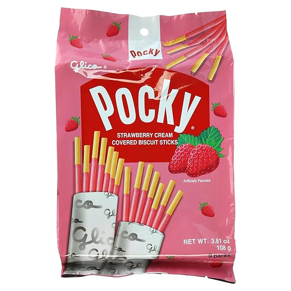 GLICO POCKY, STRAWBERRY CREAM COVERED BISCUIT STICKS (9 INDIVIDUAL BAGS), 3.81 OZ