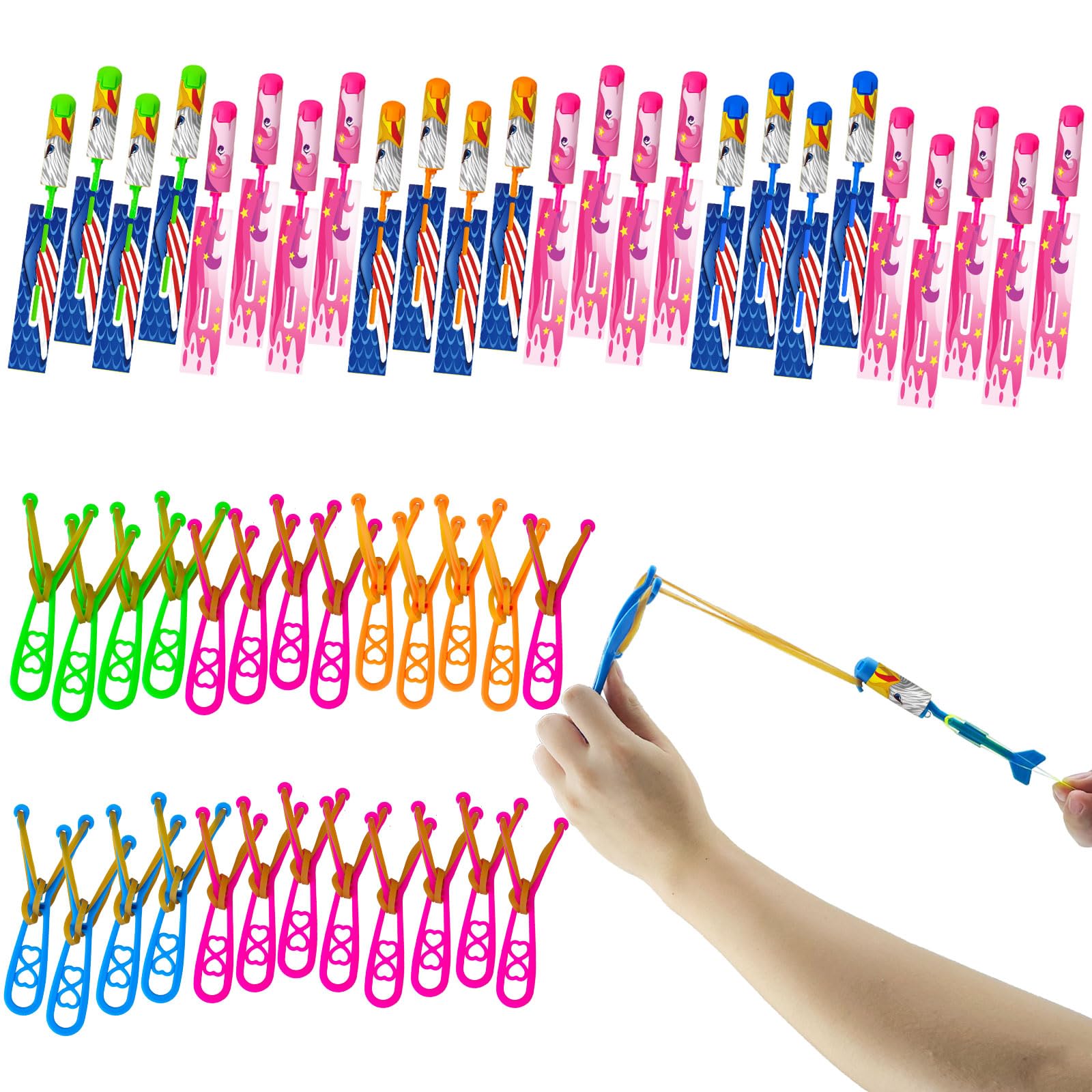 Photo 1 of ***MISSING PIECES*** Ynybusi 50 Pcs Slingshot Flying Toys with Led Lights,25 Pcs LED Arrow Helicopters + 25 Pcs Launchers,Summer Outdoor Game Glow in The Dark Party Supplies Party Favors for Kids 4-8,8-12 Bulk Toys