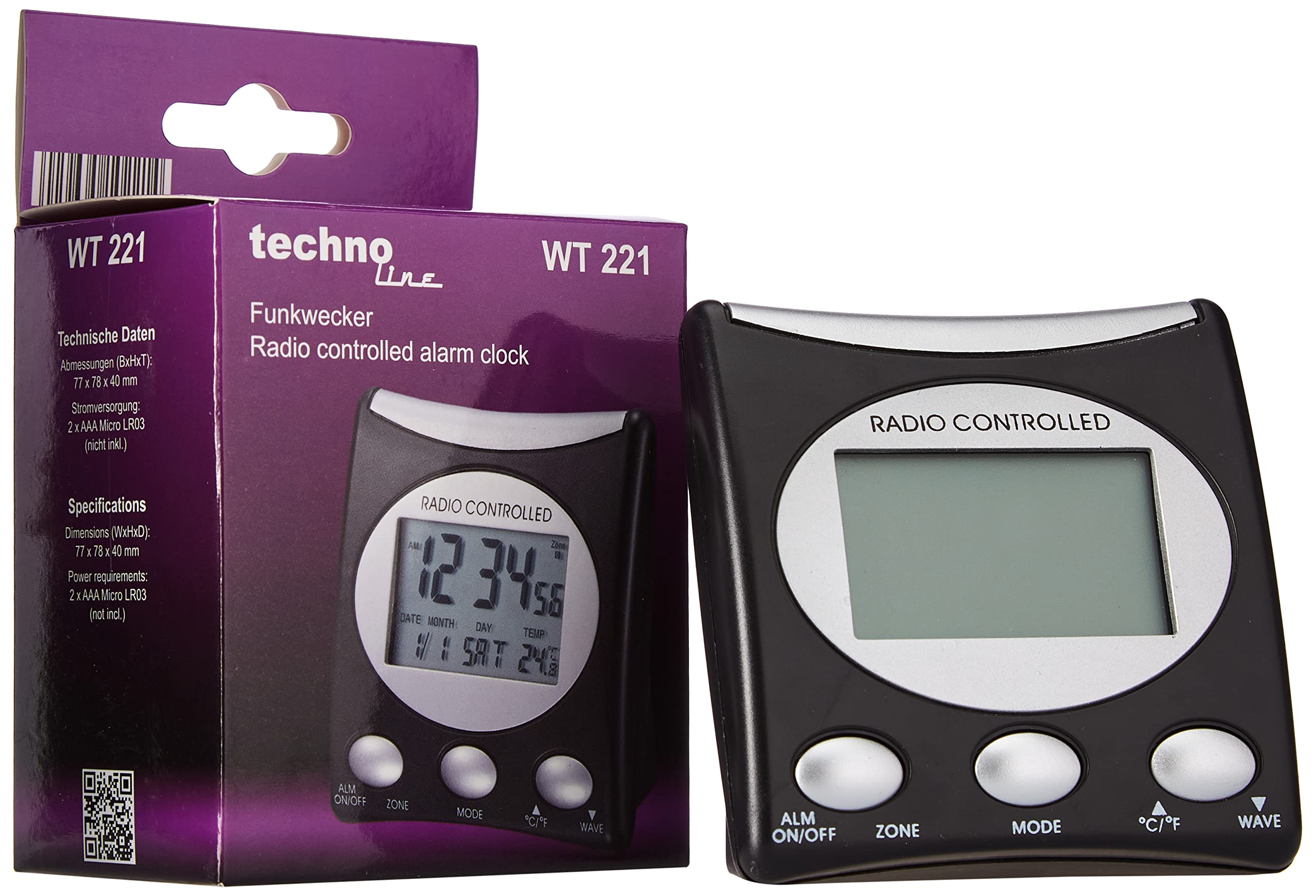 techno line WT 221-T Radio Controlled Clock, Plastic, Black