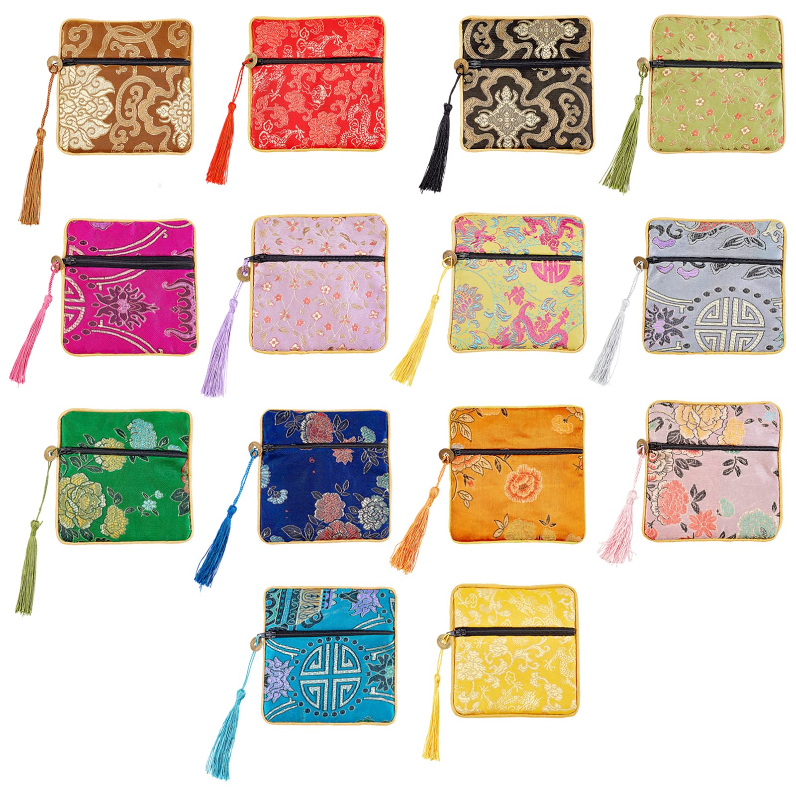 NBEADS 14 Pcs Jewelry Silk Pouches, 14 Colors Chinese Silk Brocade Coin Purse Embroidered Bag Embroidered Bags for Jewelry Storaging, 11.5x11.5cm