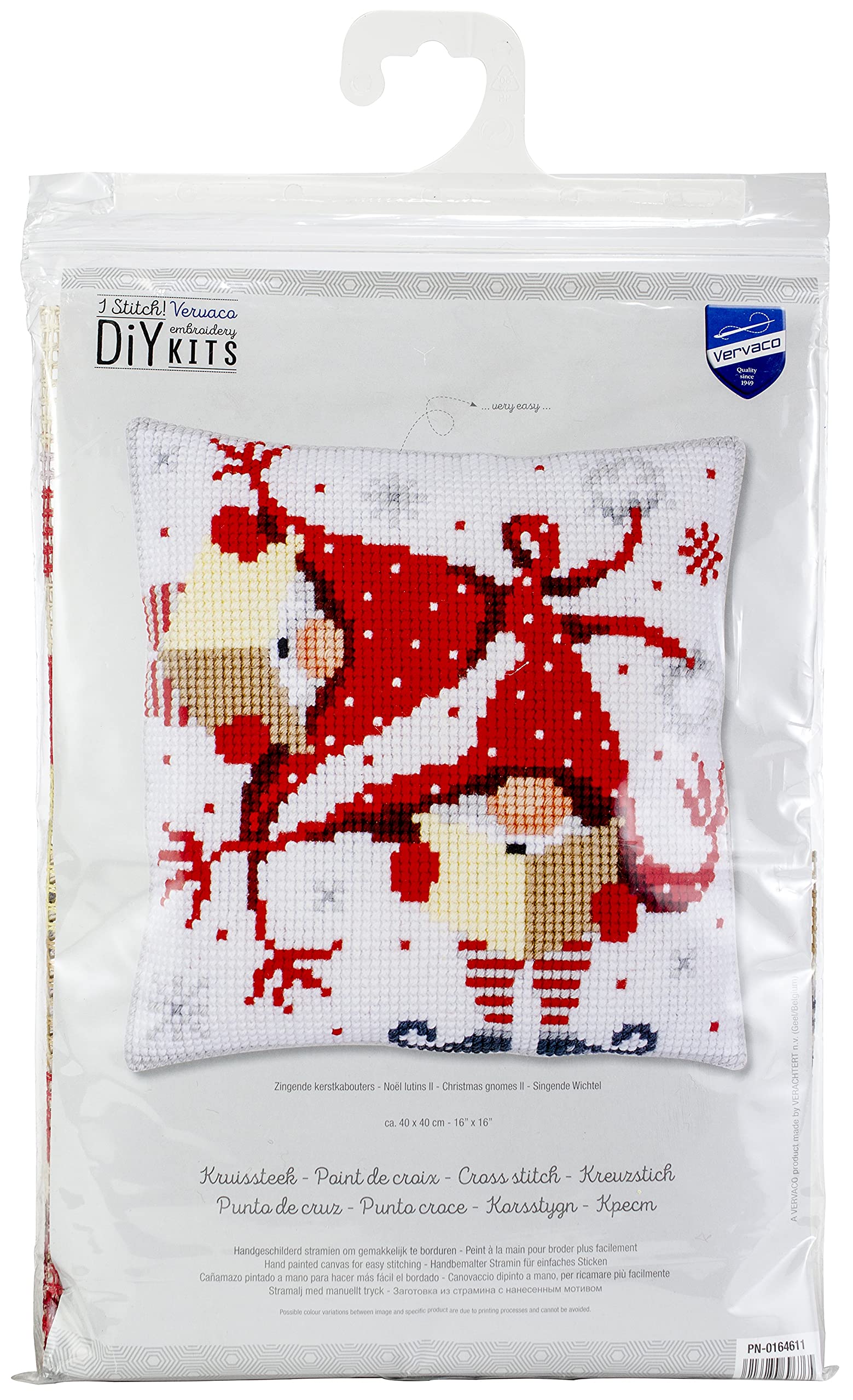 Vervaco Cross Stitch Cushion Kit Singing Gnome, Outlined Cross Stitch Kit Cushion Vorbeze Nice, Cotton, Multicoloured, 40 x 40 x 0.3 cm