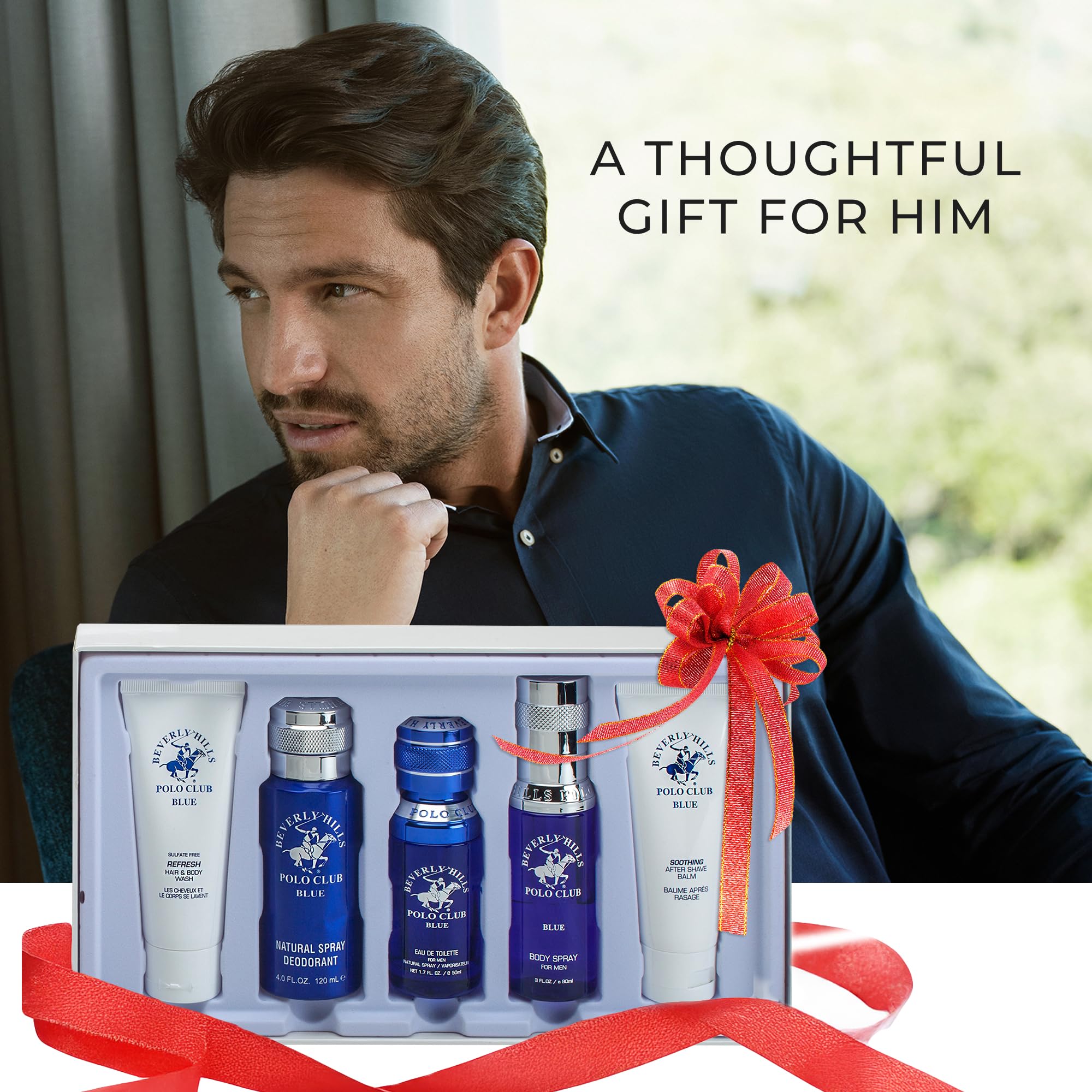 Beverly Hills Polo Club BHPC Cologne 5 Piece Gift Set for Men | Eau de Toillete, Deodorant, Shower Gel, Body Wash, Body Spray Fragrances (Blue)