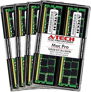 A-Tech 128GB Kit (8x16GB) ECC RDIMM Memory for Mac Pro Mid 2010 & Mid 2012 (MacPro5,1) | DDR3 1333MHz ECC Registered DIMM PC3-10600 Dual Rank 2Rx4 1.5V 240 Pin Max RAM Upgrade