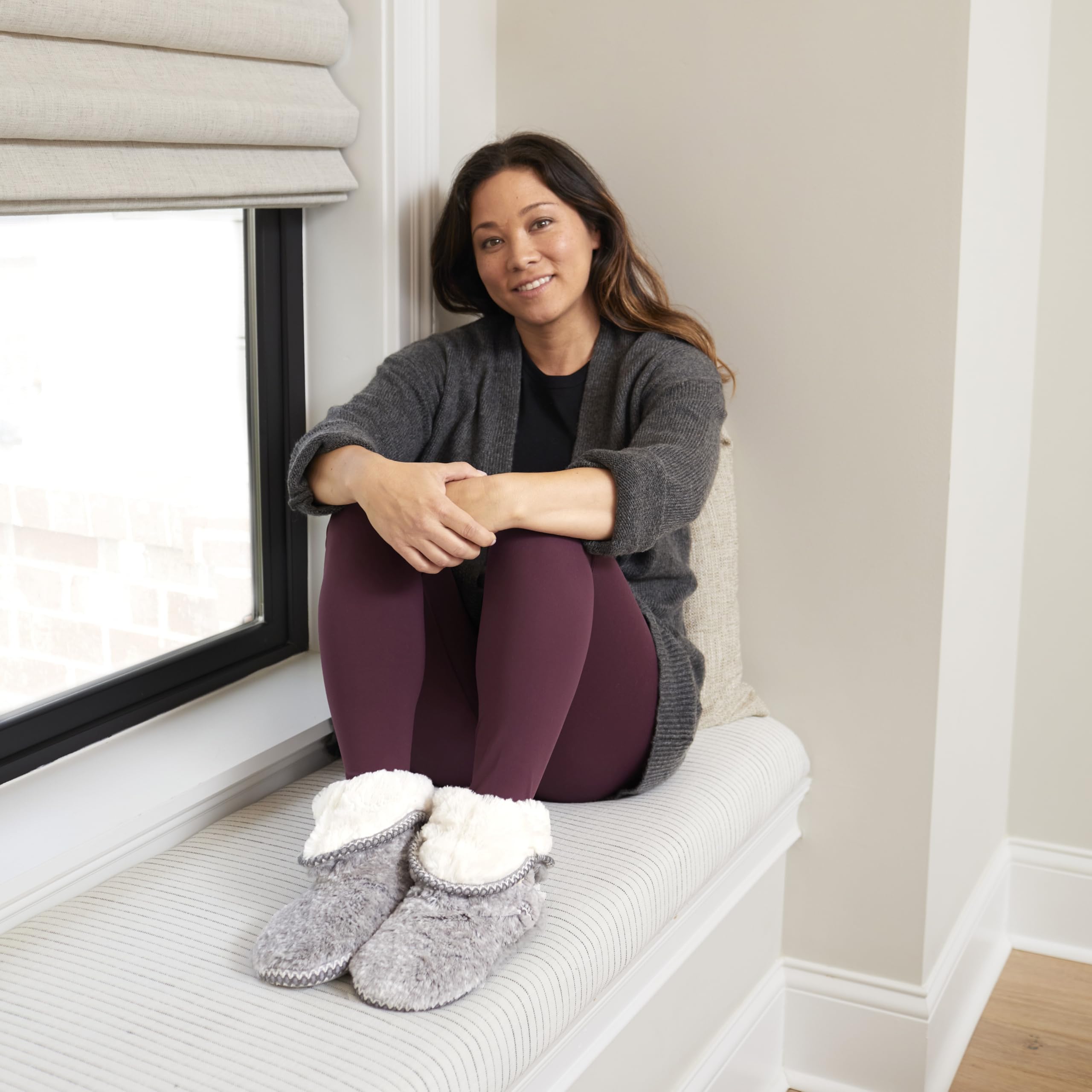 Dearfoams womens Fuzzy Memory Foam Beth Bedroom Bootie Slipper Sock With Grippers