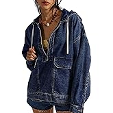 Omoone Women's Denim Pullover Jacket Oversized Half Zip Hoodie Jean Top Sweatshirt with Pockets