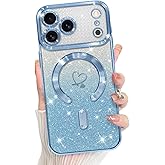 Bonoma Compatible with iPhone 17 Pro Case 2025 Support for MagSafe, Plating Heart Glitter Magnetic Case TPU Camera Protection Back Cover for Phone Case -Blue