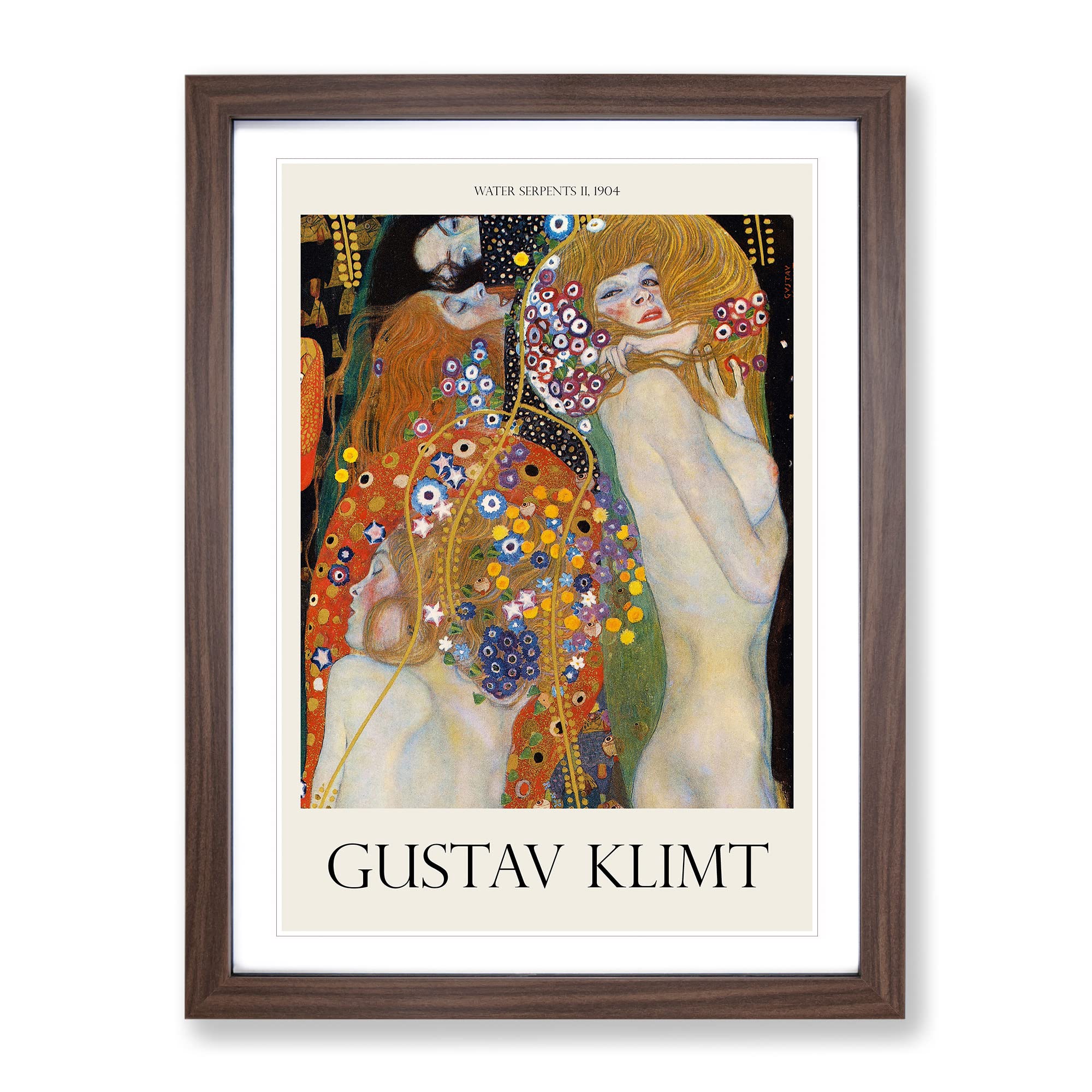 Water Serpents Ii By Gustav Klimt Exhibition Museum Painting Framed Wall Art Print, Ready to Hang Picture for Living Room Bedroom Home Office Décor, Walnut A4 (34 x 25 cm)