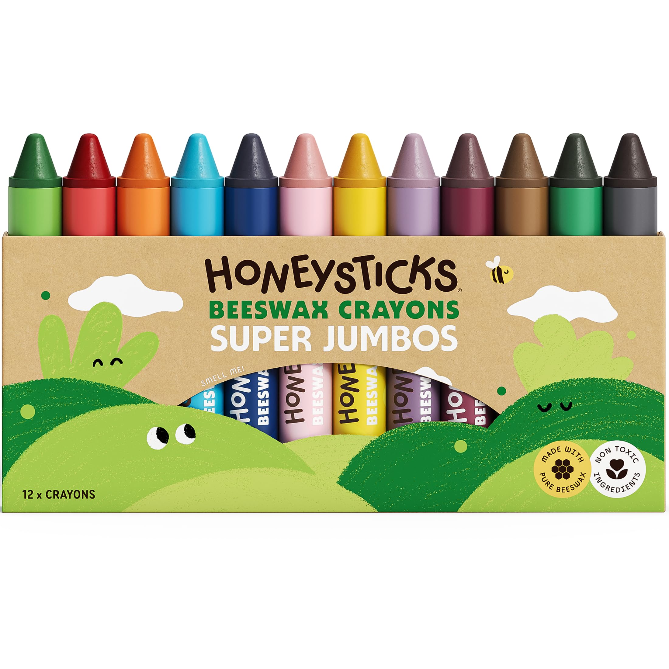 Honeysticks Super Jumbo Crayons (12 Pack) - Non Toxic Crayons for Kids - 100% Pure Beeswax and Food Grade Colours - For Toddlers 1-3, Unbreakable, Extra Large, Easy to Hold and Use, Eco-Friendly