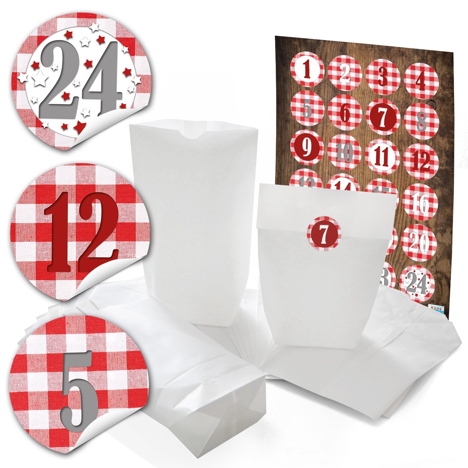 96 Sachets Cadeau (16,5 x 26 x 6,6 cm) de Noël blanches et 96 autocollants, Stickers 4 cm ronde rouge blanc à carreaux chiffres de 1 à 24 pour calendrier de l'avent Tolle soi-même bricolage ; Qualité 1 A. 96 Sachets Cadeau (16,5 x 26 x 6,6 cm) de Noël blanches et 96 autocollants, Stickers 4 cm ronde rouge blanc à carreaux chiffres de 1 à 24 pour calendrier de l'avent Tolle soi-même bricolage ; Qualité 1 A.