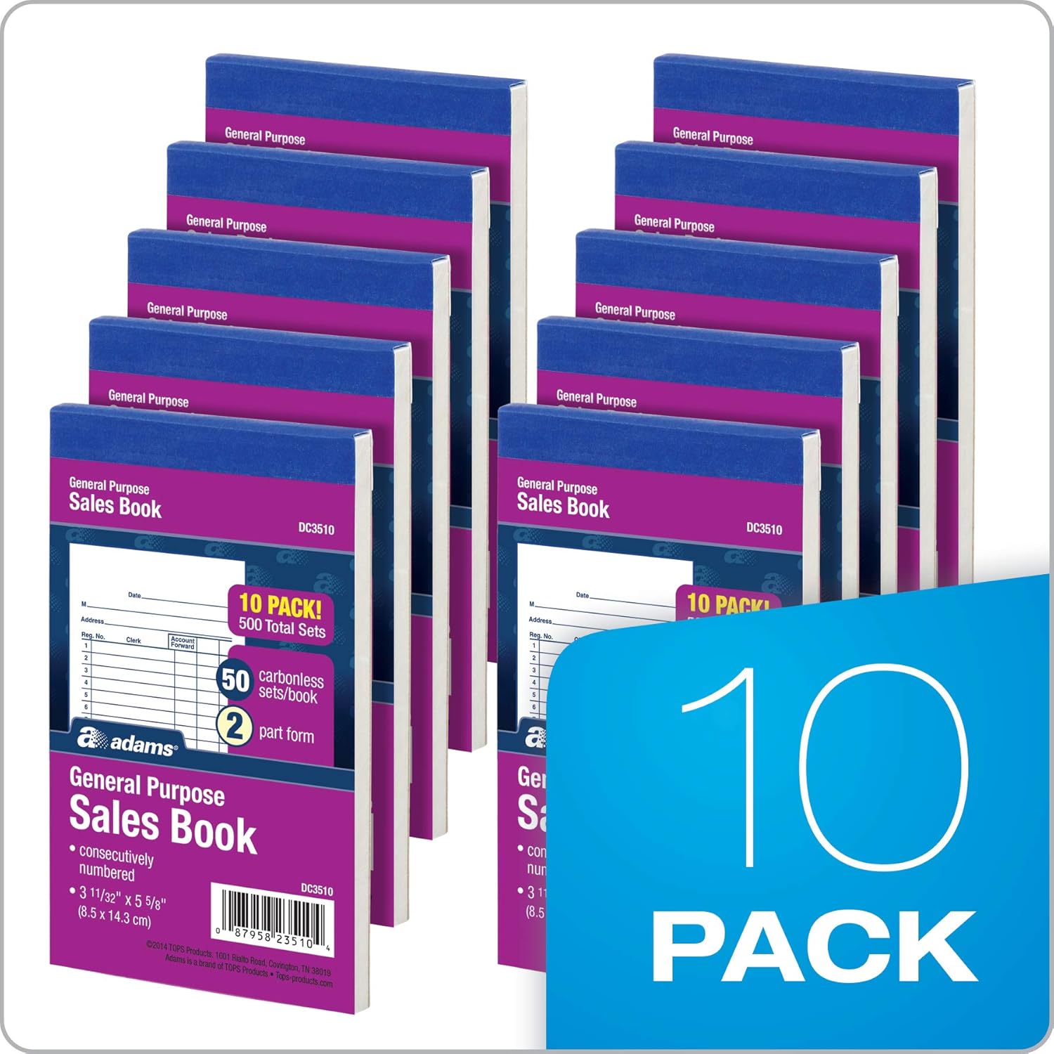 Adams General Purpose Sales Book, 2-Part, Carbonless, White/Canary, 3-11/32" x 5-5/8", 50 Sets per Book, 10 Pack (DC3510) : Blank Receipt Forms : Office Products