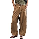 Ziqoty Women's Striped Barrel Pants Drawstring Waist Wide Leg Trousers with Pockets Casual Comfort for Office Lounge Travel(Brown-L)