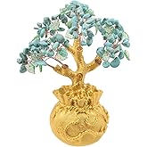 Rockcloud Crystal Money Tree with Golden Money Bag, Feng Shui Cabinet Decoration for Wealth and Luck Bonsai Home Office Ornament, Howlite Turquoise
