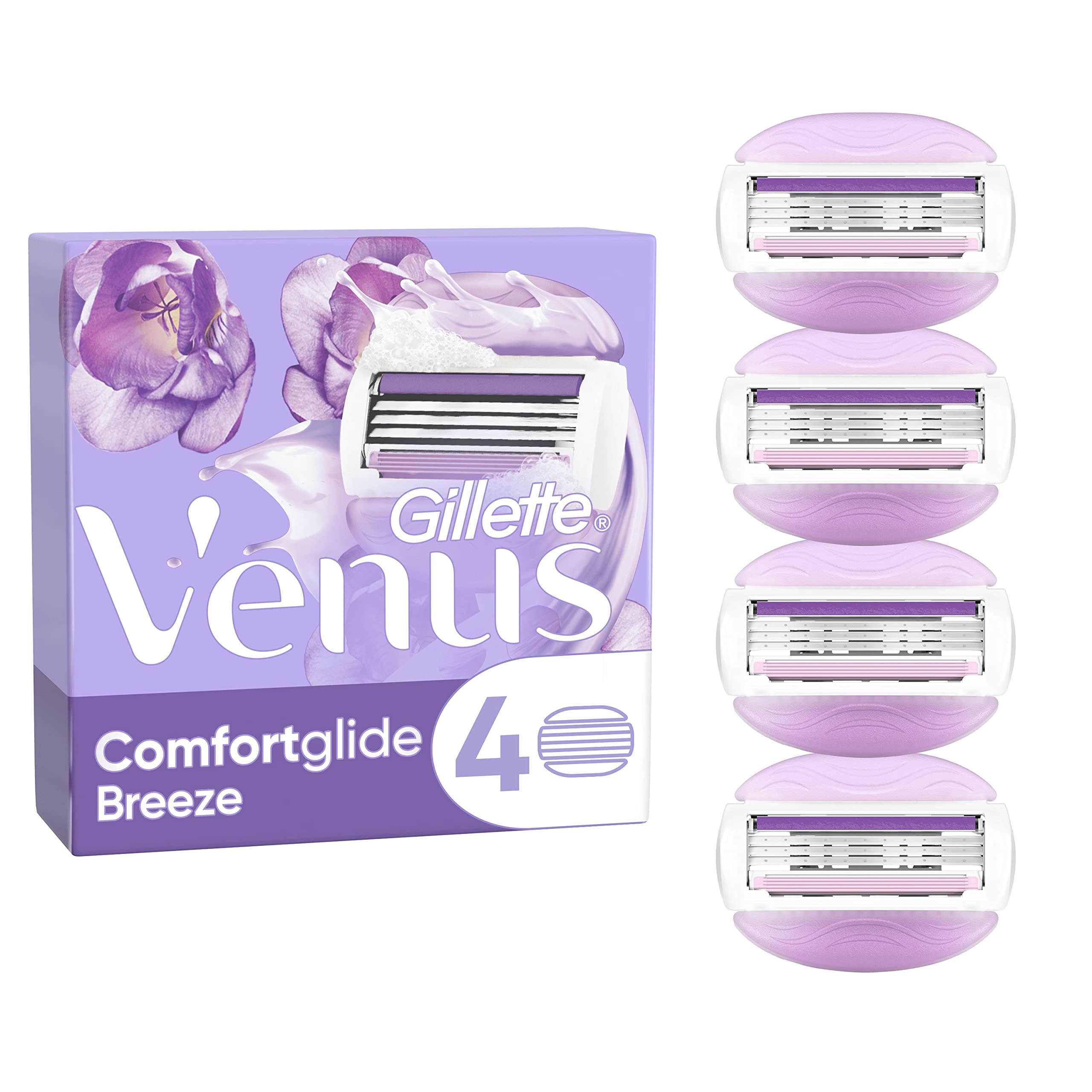 Gillette Venus Comfortglide Breeze Women's Razor Blade Refills, Pack of 4, 3 built-in blades for a smooth, close shave that lasts
