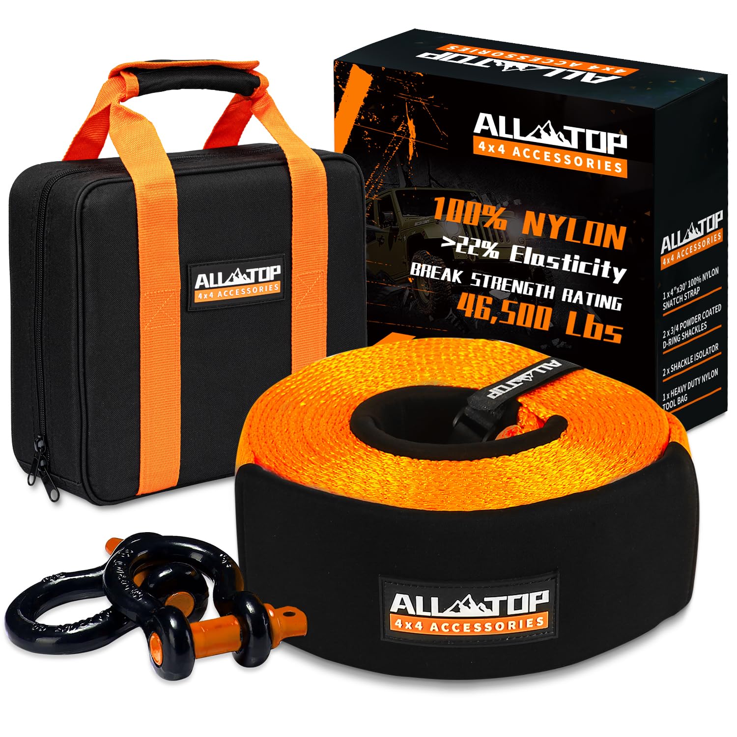 Photo 1 of ALL-TOP Extreme Duty Tow Strap Recovery Kit: 4inch x 30ft (46,500lbs) 100% Nylon and 22% Elongation Snatch Strap + 3/4 Heavy Duty D Ring Shackles (2pcs) + Storage Bag