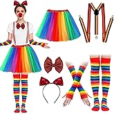 BOUTICOL 6 Pcs Rainbow Clown Costume Set for Women, Tutu Skirt Circus Clown Socks Gloves Y Back Suspender Bow Tie Headband Accessories for Halloween Carnival Pride Rainbow Day Cosplay