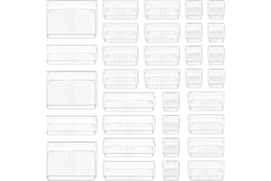 CHEFSTORY 33 PCS Clear Drawer Organizers Set, 4 Sizes Plastic Vanity Desk Drawer Organizers Trays and Storage Bins with Non-slip Silicone Pads for Makeup,Bathroom and Kitchen