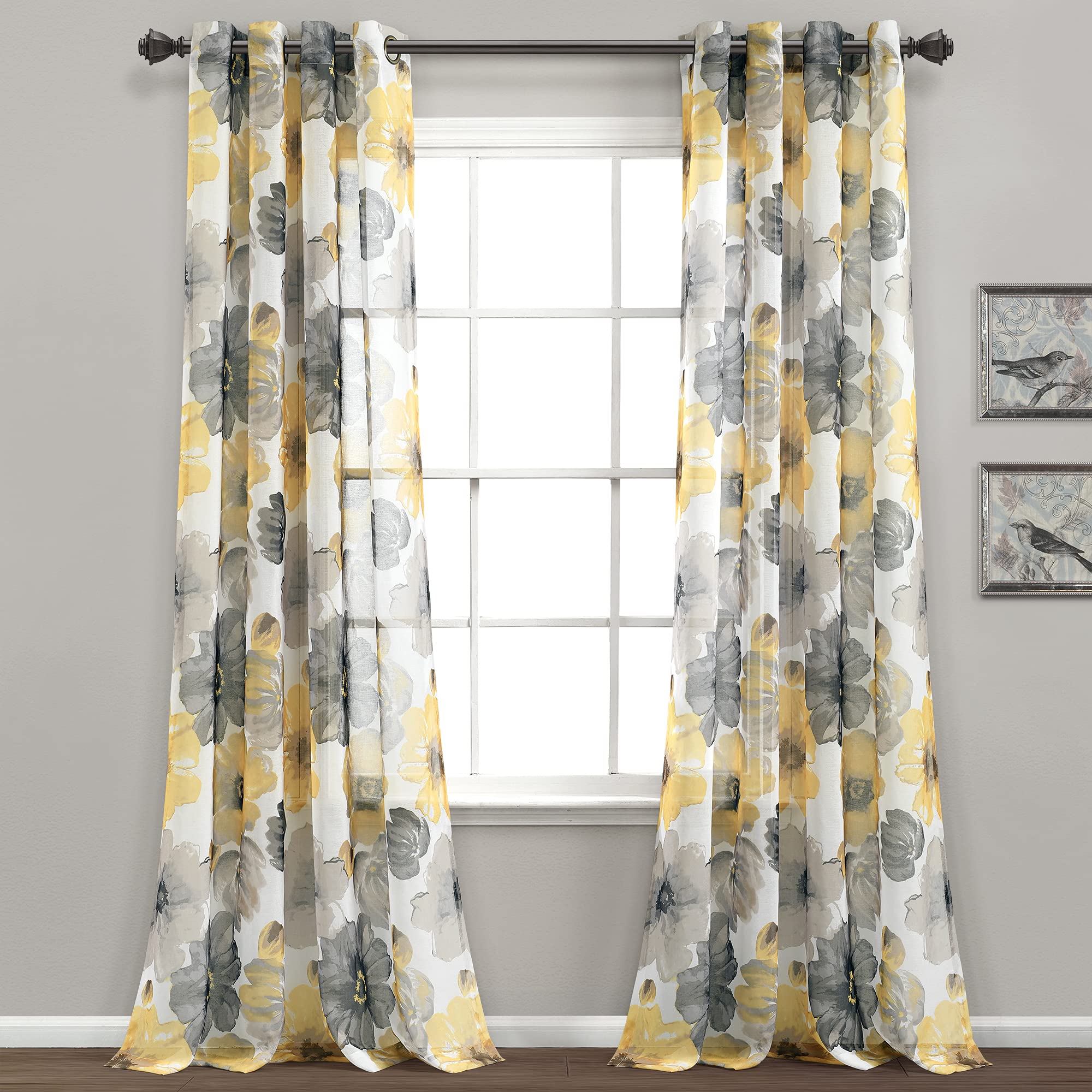Lush Decor Leah Room Darkening Window Curtain Panel Pair Floral Insulated Grommet, 52" W x 84" L, Yellow & Gray