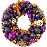 HipTree 13.8 Inch Halloween Ball Wreath for Front Door with Lights | Lighted Cute Treat-or-Trick Door Wreath Ball Ornament for Halloween Indoor Decorations Centerpiece Party Holiday Wall Decor