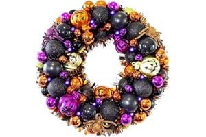 HipTree 13.8 Inch Halloween Ball Wreath for Front Door with Lights, Lighted Cute Treat-or-Trick Door Wreath Ball Ornament for Halloween Indoor Decorations Centerpiece Party Holiday Wall Home Decor