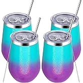 MEWAY 12oz Insulated Wine Tumbler Set of 4 - Double Wall Stainless Steel Stemless Wine cups Glasses with Lids, Gift for Family and Gifts, Prizes for adults(Glitter Aurora,Set of 4)