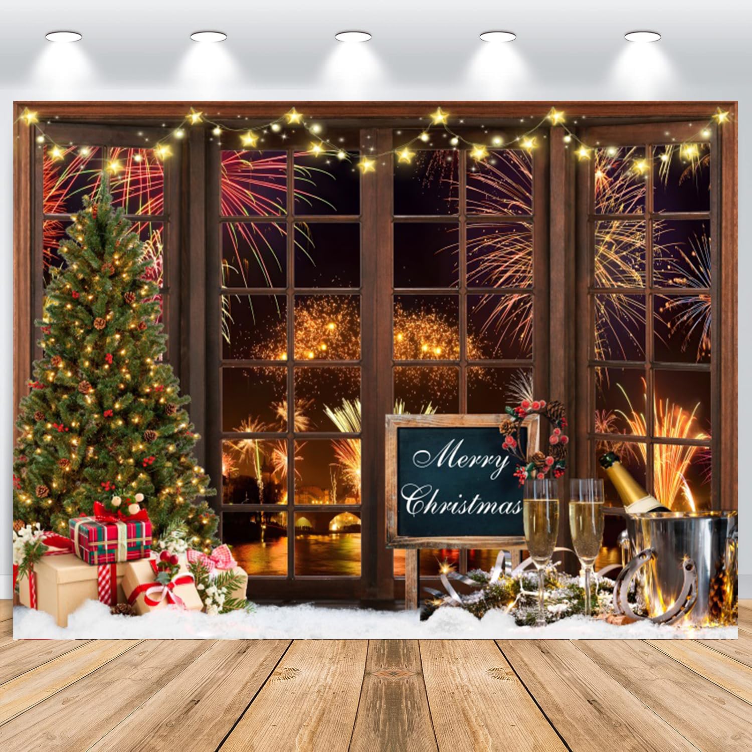 ASDCXZ Christmas Backdrop 2.2x1.5m, Window Fireworks Happy New Year Celebration Christmas Tree Photo Backdrop, Vinyl Family Celebration Party Ornaments Photography Backdrop Banner