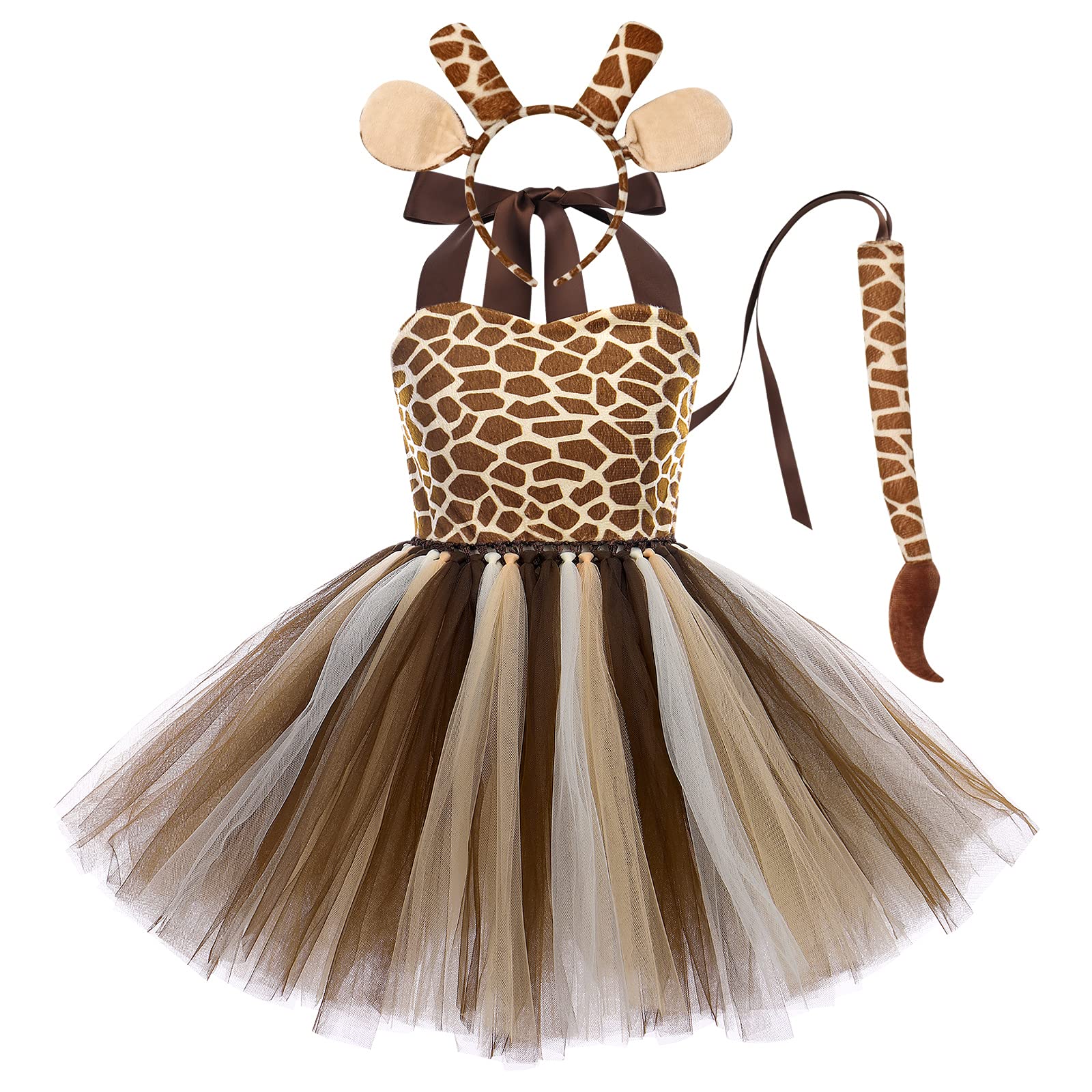 IMEKIS Kid Baby Girls Animal Cosplay Costume Princess Fancy Dress Up Cow Tiger Leopard Giraffe Tulle Dress with Headband Tail 3PCS Halloween Christmas Carnival Outfit Brown-Giraffe 18-24 Months