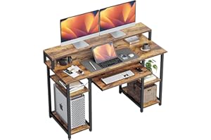 CubiCubi Computer Desk with Keyboard Tray, 47 Inch Office Desk with Monitor Stand and Storage Shelves, Music Studio Desk Workstation, Work Table for Home Office, Rustic Brown