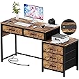 Unikito Computer Desk with 5 Drawers, Reversible Home Office Desk with Power Outlets, Sturdy Writing Desk with File Cabinet and Printer Stand, Vanity Desk with Storage for Small Space, Rustic Brown