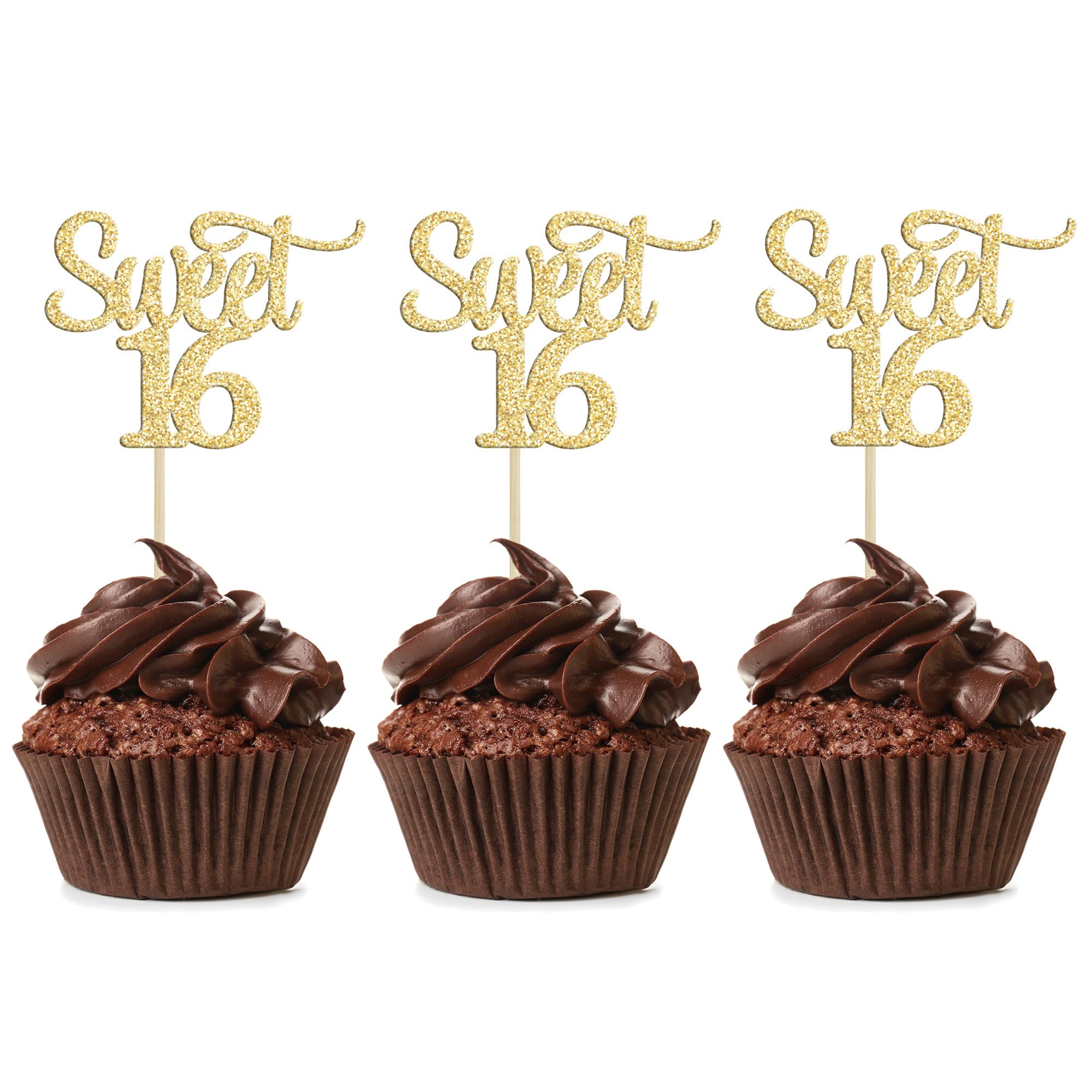 Gyufise 24Pcs Sweet 16 Cupcake Toppers Gold Glitter Number 16 Sixteen Cake Picks Decorations for 16th Birthday Anniversary Party Supplies