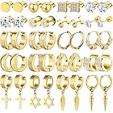 SUBANG 20 Pairs Stainless Steel Stud Earrings for Men Hypoallergenic Earring Unisex Punk Earring Hoop Hinged Dangle Cross Earrings for Men Women