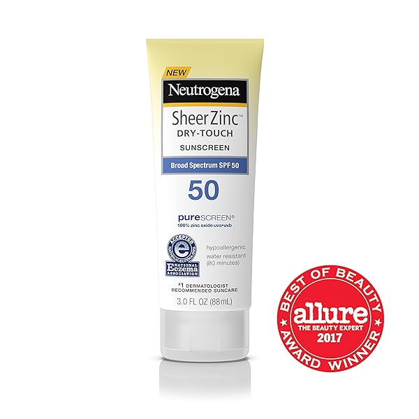 NEUTROGENA SHEER ZINC OXIDE DRY-TOUCH SUNSCREEN LOTION WITH BROAD SPECTRUM SPF 50, WATER-RESISTANT, HYPOALLERGENIC & NON-GREASY MINERAL SUNSCREEN, 3 FL. OZ