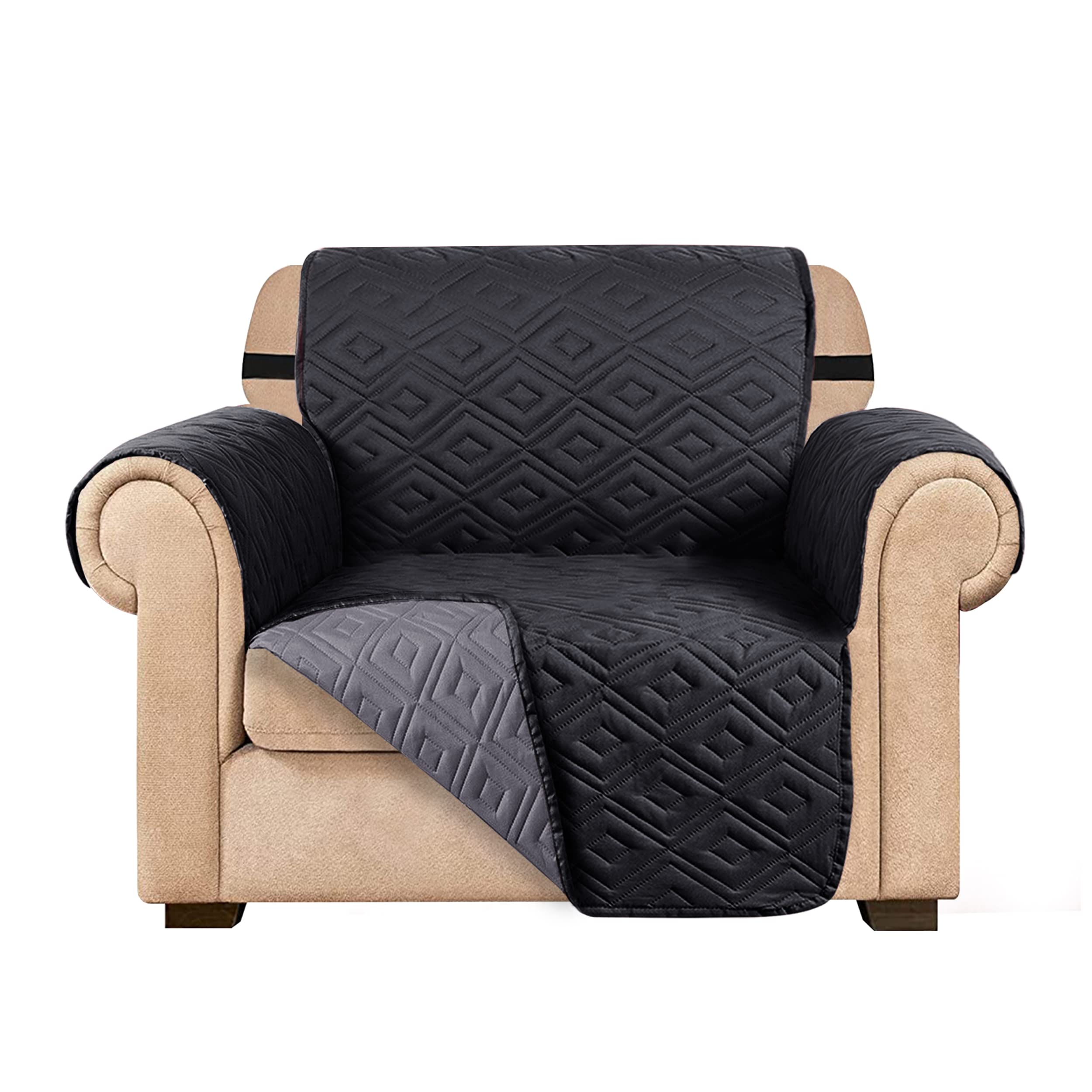 AMEHA Sofa Cover Non Slip Sofa Slipcovers 1 Seater – Water Repellent Reversible Sofa Protectors from Pets & Kids with Adjustable Elastic Straps Embossed Quilted Washable Couch Covers, Black Dark Grey