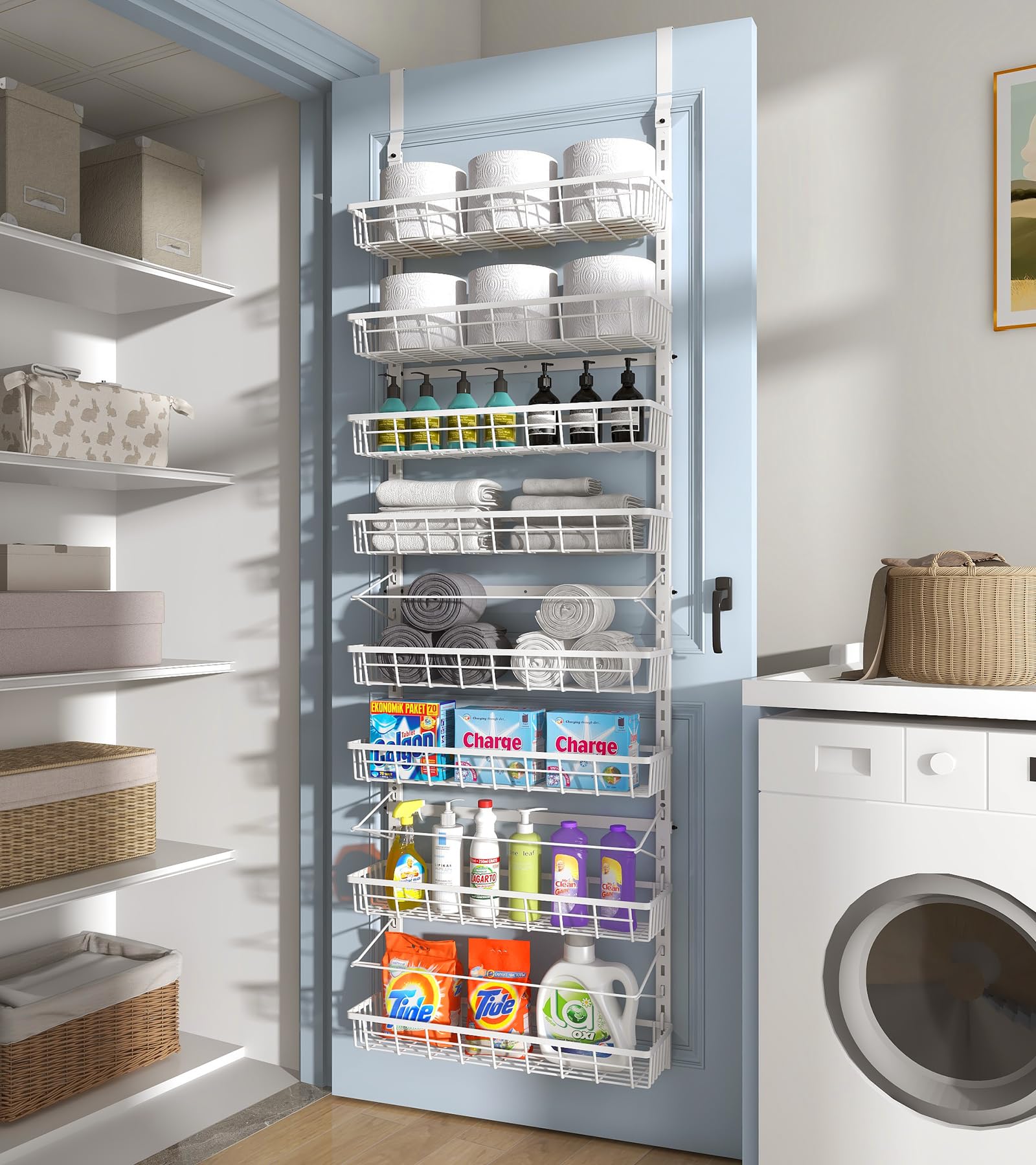 Mefirt Over The Door Pantry Organizer, Wall Mount Spice Rack, Pantry Hanging Storage and Organization, 8 Adjustable Baskets Heavy-Duty Metal for Home & Kitchen, Back of Door Seasoning Rack - White