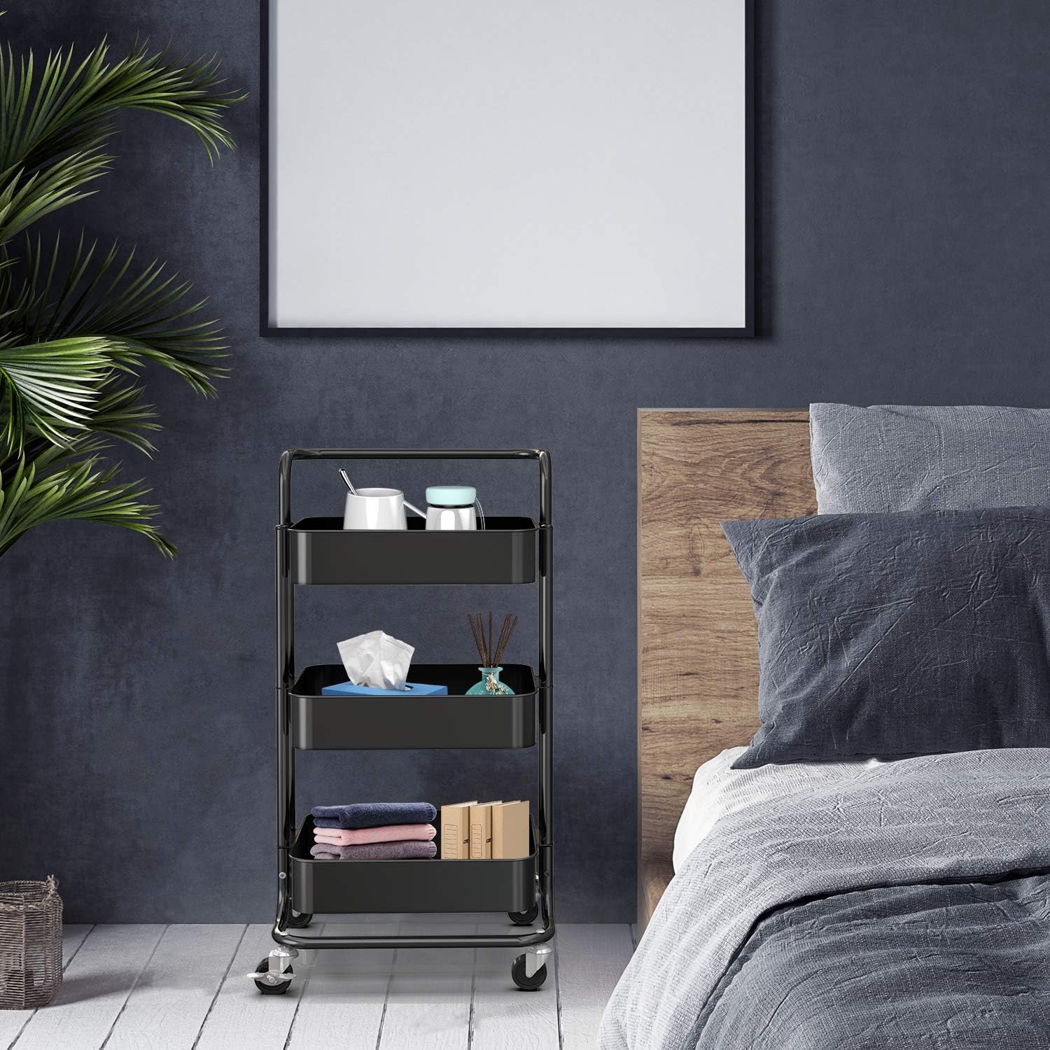 Pipishell 3 Tier Mesh Utility Cart, Rolling Metal Organization Cart with Handle and Lockable Wheels, Multifunctional Storage Shelves for Kitchen Living Room Office, Black: Home & Kitchen