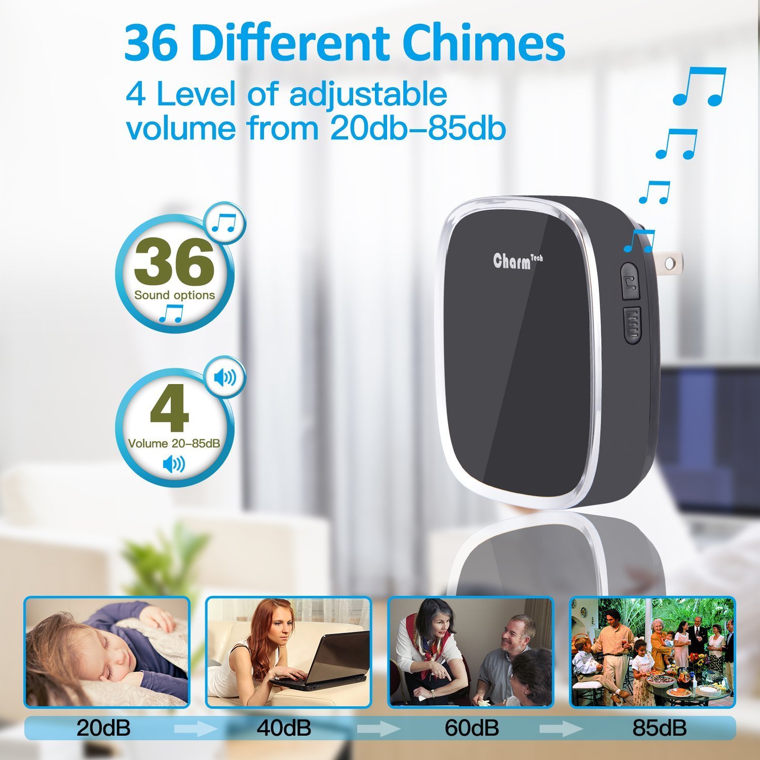Sonnette Sans Fil de Porte, Kit de Carillon Électrique Étanche à 280 Mètres de Portée avec LED Bleu et 36 Mélodies au 4 Niveau Volumes pour Bureau, Maison, Classe, Hôtel, Hopital (Noir)