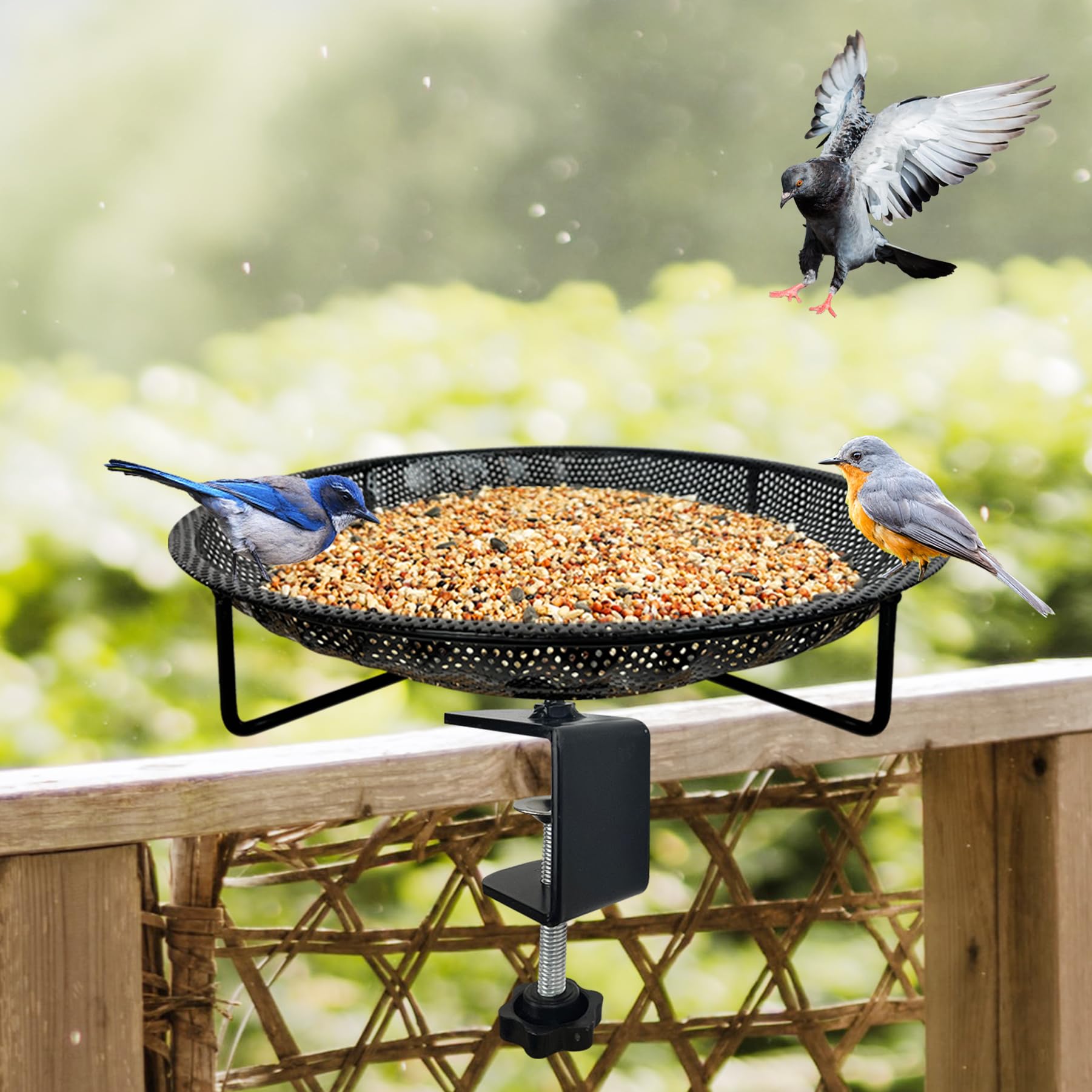 Photo 1 of CQAIRIOU Premium Deck Railing Bird Feeder Tray for Balcony,11.8" Stainless Steel Large Platform Bird Feeder Mesh Seed Tray for Outside Wild Birds,Great Decoration for Garden Backyard