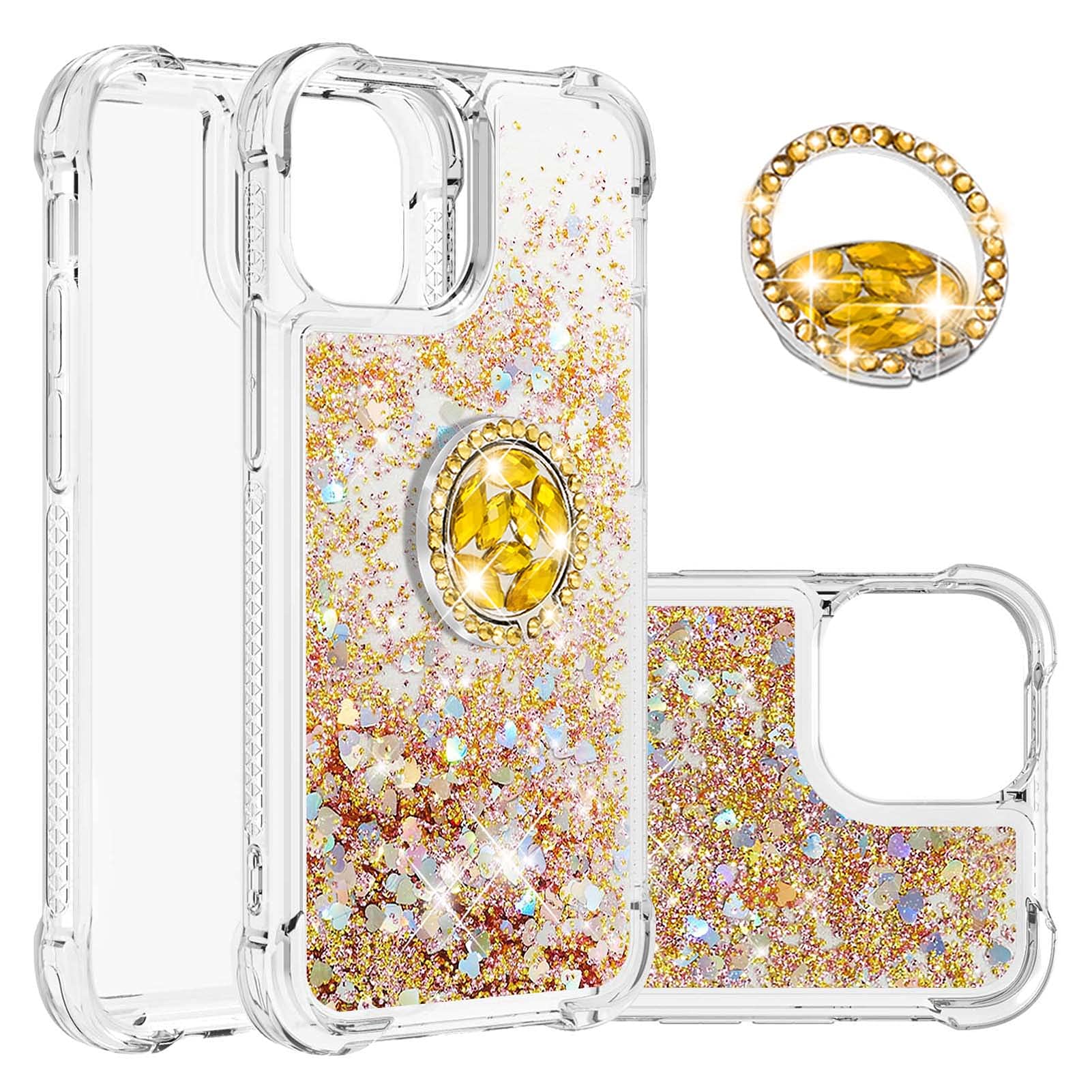 IMIRST Phone Case Compatible with iPhone 14 (6.1'') Bling Liquid Glitter Diamond Ring Shell Shockproof Airbag Protective Cover Bumper Case for Apple iPhone 14. YBK Love Gold — image 1