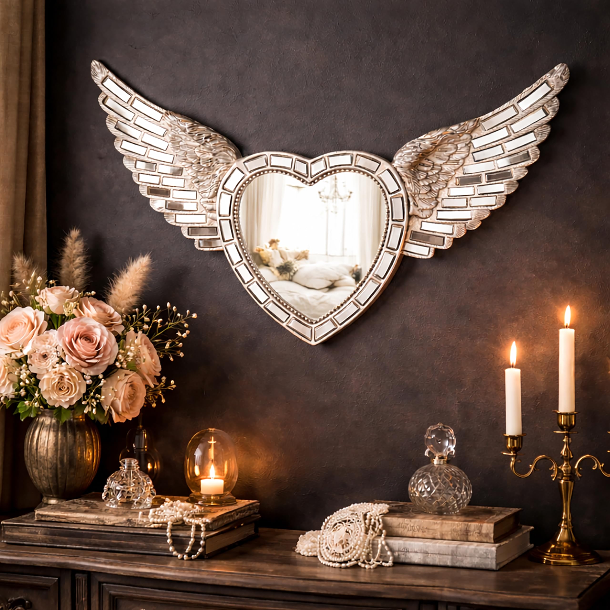 Marco Paul Modern Silver Mosaic Heart Wings Wall Mounted Mirror - Vintage Retro Shabby Chic Style Angel Wings Ornament - Decorative Home Accessories Mirror for Bedroom, Living Room and Home Decor